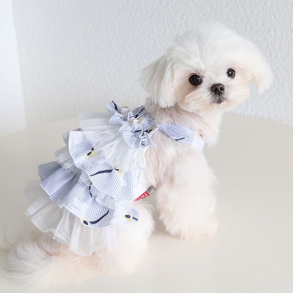 Sサイズ【新品】可愛い/フラワーチュチュワンピ 犬服 ドッグウェア ブルー
