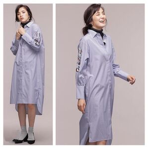 NANO universe ナノユニバース 袖刺繍 ストライプ シャツワンピース ブルー×ホワイト サイズFREE