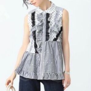 TORI-TO × BEAMS BOY トリト ビームスボーイ フリル&シフォン ノースリーブ ホワイト×ネイビー サイズFREE