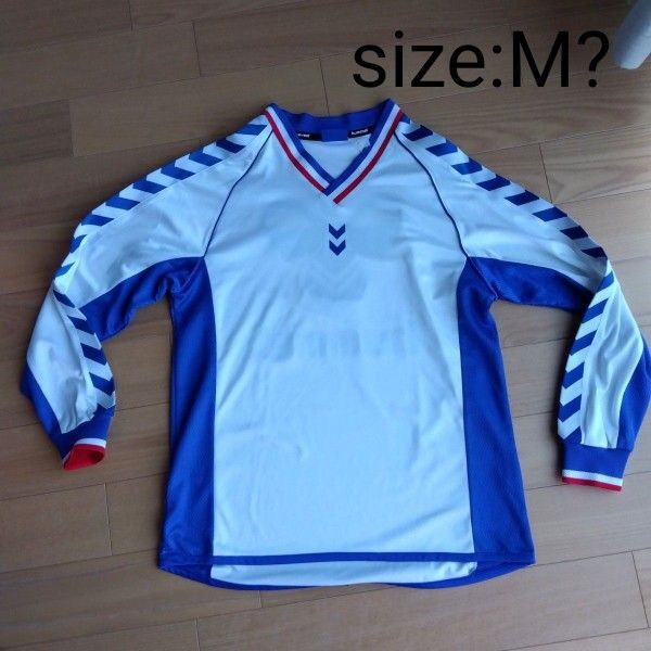 hummel 長袖 プラシャツ サッカー ウェア M 辺り レトロ 古着 ホワイト ブルー フットサル
