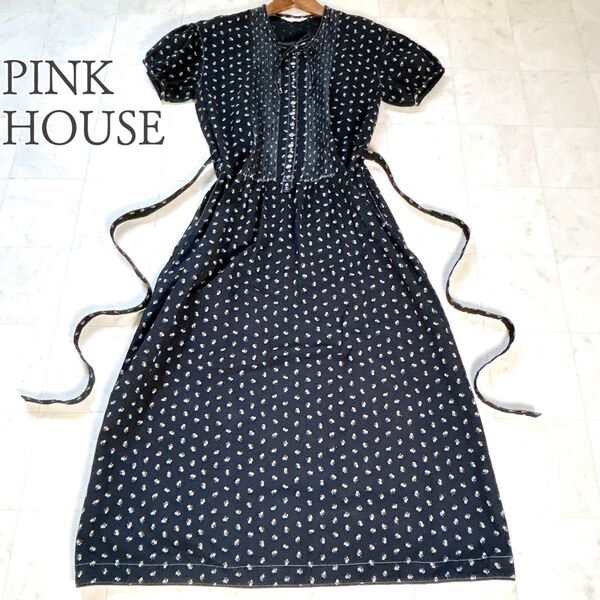 美品★ PINKHOUSE ピンクハウス 花柄 ロングワンピース ピンタック リボン ベルト 金子功 KANEKO ISAO
