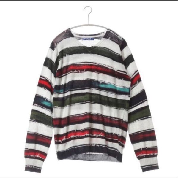 Desigual デシグアル メンズ JERS_REG グレー ボーダーニット M トップス Vネックセーター