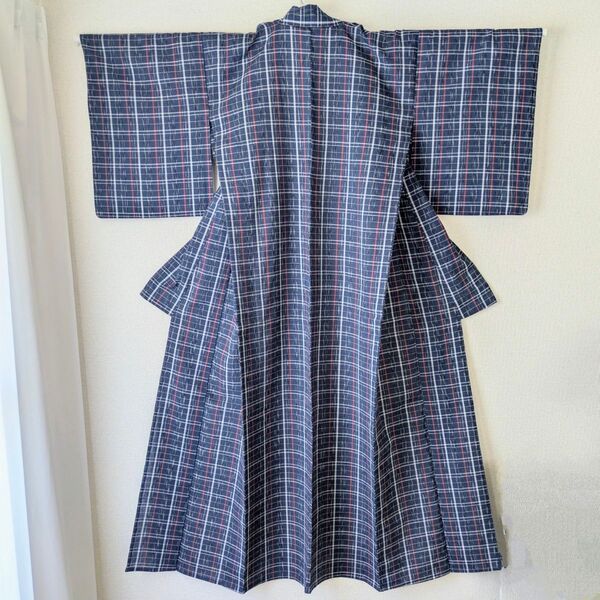 阿波しじら織 単衣 綿100% 夏着物 浴衣 身丈162㎝ 帯付き 青系 格子柄 チェック 広衿 着物 小紋 格子 和服 和装