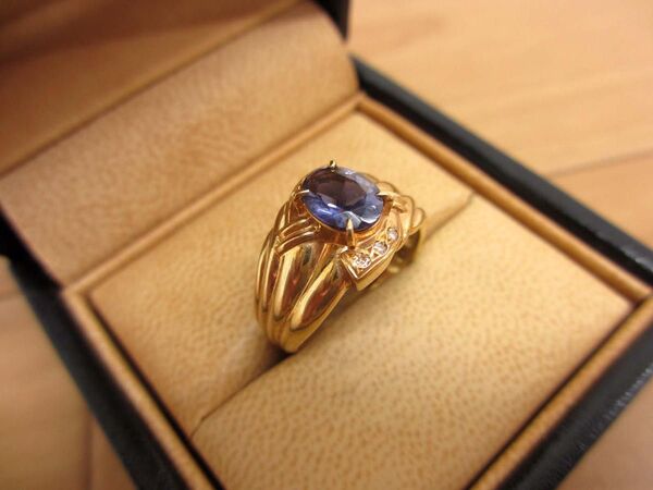 美品 K18YG タンザナイト 0.91ct ダイヤモンドリング 15号 指輪 6.7g