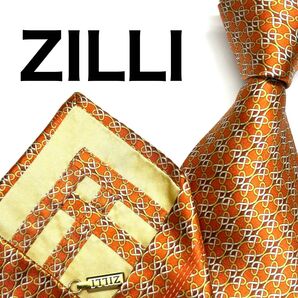 【未使用に近い】ジリー ネクタイ オレンジ 総柄 肉厚生地 ロゴ金具 シルク ブランドネクタイ SILK