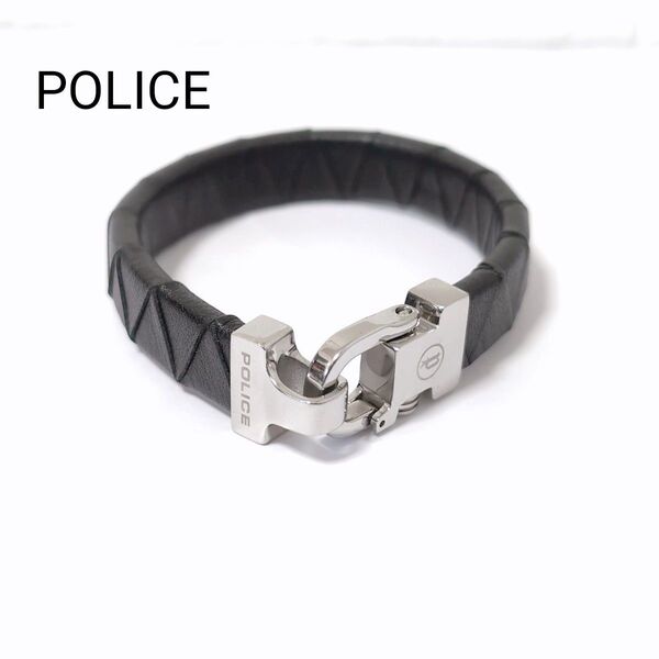 美品 POLICE レザーブレスレット バングル 黒 ブラック シルバー 編み込み