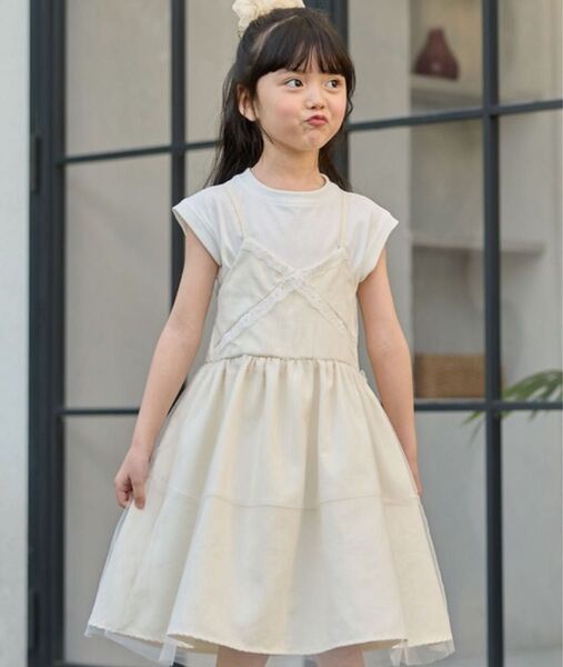 新品未使用 ワンピース レース使い チュールキャミワンピース キッズ 子供服 女の子 130 オフホワイト