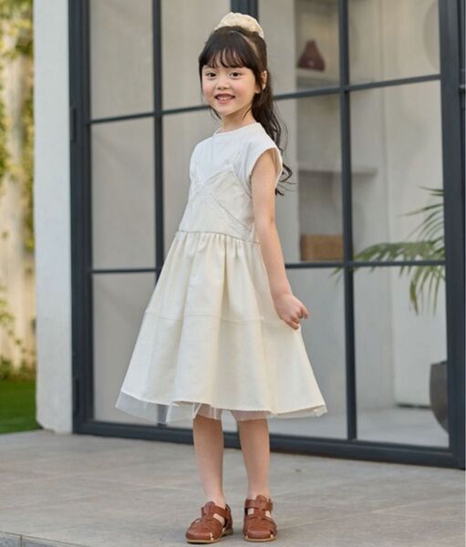 新品未使用 ワンピース レース使い チュールキャミワンピース キッズ 子供服 女の子 130 オフホワイト