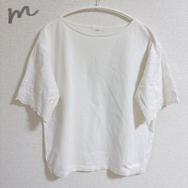 レディース 半袖 Tシャツ カットソー レース 無地 白 ホワイト M サイズ