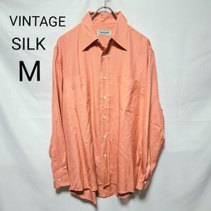 シルクシャツ パステルカラー 長袖シャツ サーモンピンク カラーシャツ 短丈 古着 ヴィンテージ オレンジ ダブルポケット 無地