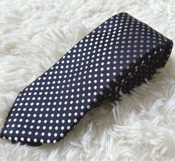 【クリーニング済】美品 Paul Smith ポールスミス シルク ドット ネクタイ ネイビー/ピンク