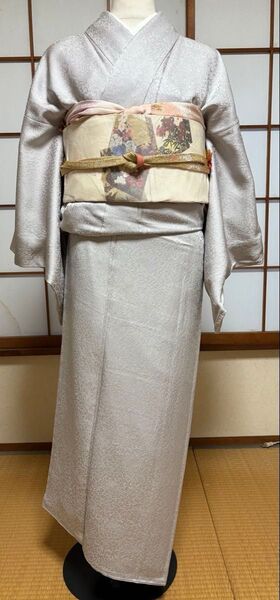 一つ紋色無地(鳳凰の地模様) 袋帯(手織り墨流し螺鈿) 帯揚げ2枚 セット (帯締めはありません)