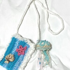 スマホポシェット ショルダーバッグ 海モチーフ チャーム付き クロシェ ニット ハンドメイド