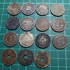 【古銭】ジャンク 菊五銭白銅貨、稲五銭白銅貨、大型五銭白銅貨 計15枚セット