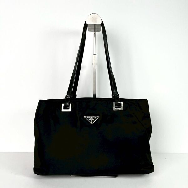 美品 PRADA プラダ トートバッグ ハンドバッグ ビジネス 三角ロゴ ナイロン レザー ブラック 黒 肩掛け レディース