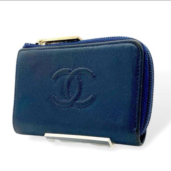 CHANEL シャネル コインケース ファスナー ラムスキン ココマーク ラウンドファスナー ネイビー シリアル有り 正規品