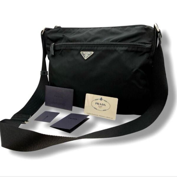 美品 PRADA プラダ ショルダーバッグ ナイロン 三角ロゴプレート ブラック ギャランティカード タグ 説明書付き 正規品