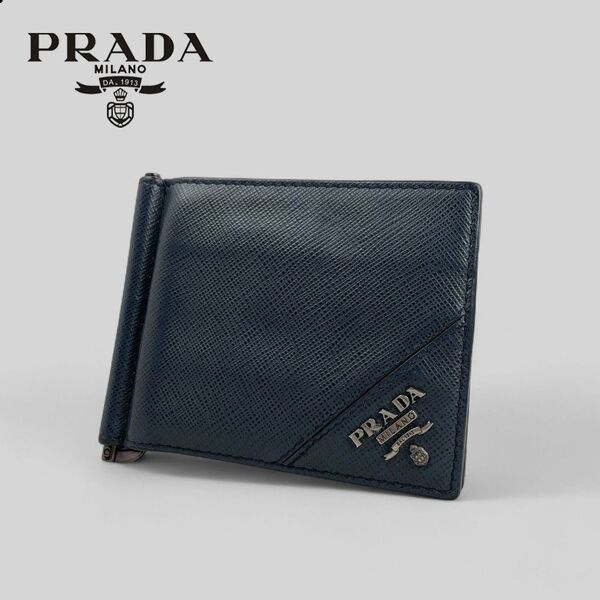 ほぼ未使用■PRADA■サフィアーノレザー マネークリップ 二つ折り財布 札入れ