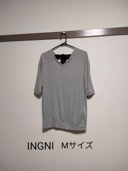 レディースINGNI半袖カットソー Tシャツ グレー後リボン フェミニンカジュアル ナチュラルカジュアルコーデ 通勤通学Mサイズ