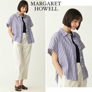未使用 マーガレットハウエル ストライプ リネンシャツ ネイビー 自宅洗いOK