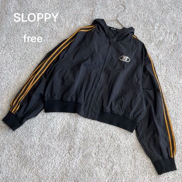 SLOPPY ナイロンジャケット ショート丈 長袖 フーディ free 黒 銀