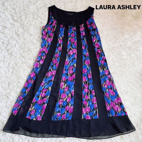 美品LAURA ASHLEY ローラアシュレイ チューリップ柄 ノースリーブ ワンピース 13号 黒×花柄 フラワープリント
