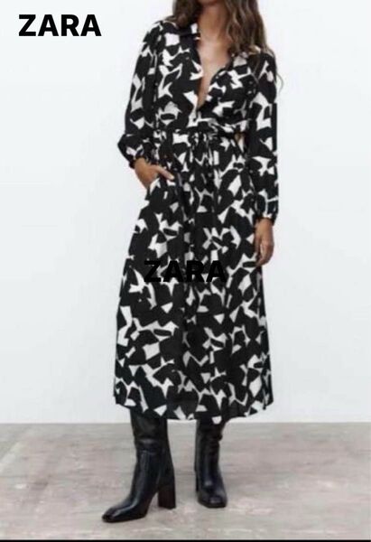 ZARA ザラ ロングワンピース シャツワンピース モノトーン 総柄 Aラインリボン紐付き モノトーン マキシ丈