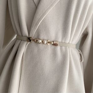 ゴムベルト パール風ベルト ベージュ オシャレゴールド 細身 結婚式 上品