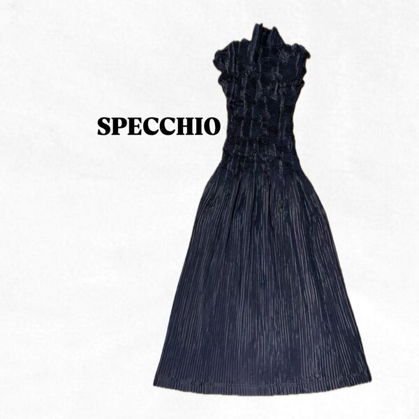 【美品】SPECCHIO PLEATSスペッチオプリーツ ブラウンロングワンピース ワンピース ノースリーブ 春夏