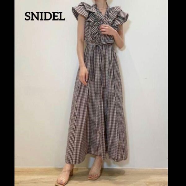 SNIDEL スナイデル オーバーショルダー ロングワンピース S チェック