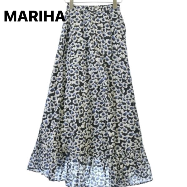 美品 MARIHA マキシム丈 花柄ロングスカート ネイビー 38