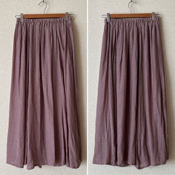 くすみピンクロングスカート シワ加工 M レーヨン混