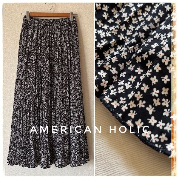 AMERICAN HOLIC アメリカンホリック ランダムプリーツスカート 春夏秋 黒に白い小花総柄 M