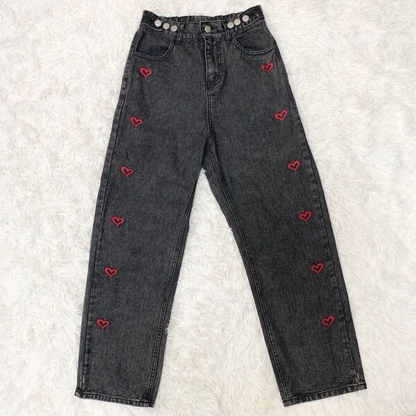 OLIVE des OLIVE オリーブデオリーブ デニムハート刺繍パンツ フリーサイズ y2k 平成 炭黒 ブラック