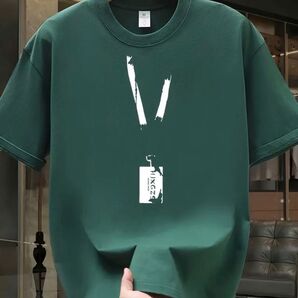 100%コットン 深緑 プリントTシャツ メンズ ゆったり