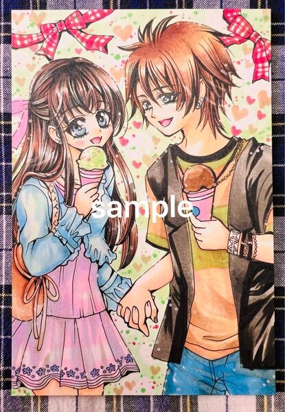 手描き★オリジナルイラスト★男の子と女の子 アイスクリーム