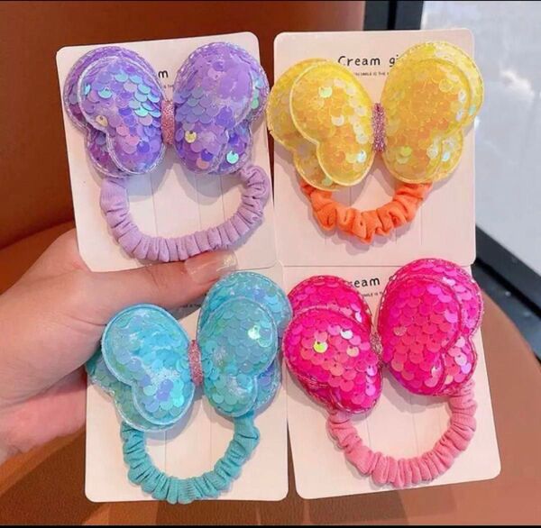 キッズ ヘアアクセサリー 髪ゴム ヘアゴム シュシュ リボン ピンク カラフル おしゃれ 可愛い キラキラ スパンコール 子供
