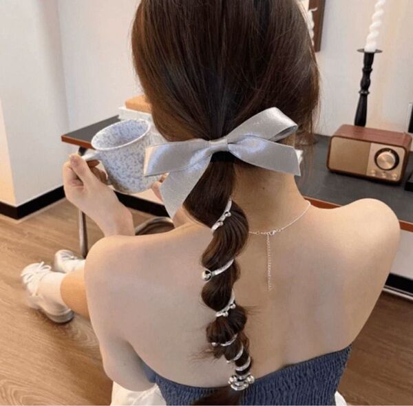 髪飾り ヘアアクセサリー パール おしゃれ 結婚式 キッズ リボン レディース 子供 女の子 スパイラル ポニーフック シルバー