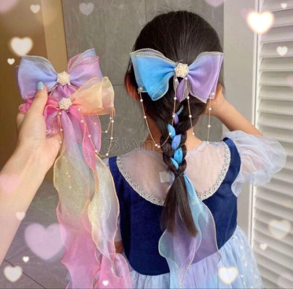 リボン ヘアクリップ 髪飾り パール キッズ 子供 女の子 チュール カラフル パープル ブルー 新品 ヘアアクセサリー