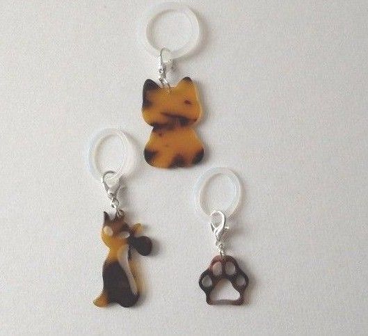 ハンドメイド べっ甲風 猫のアンブレラチャーム3個セット/アンブレラマ―カ―、傘の目印
