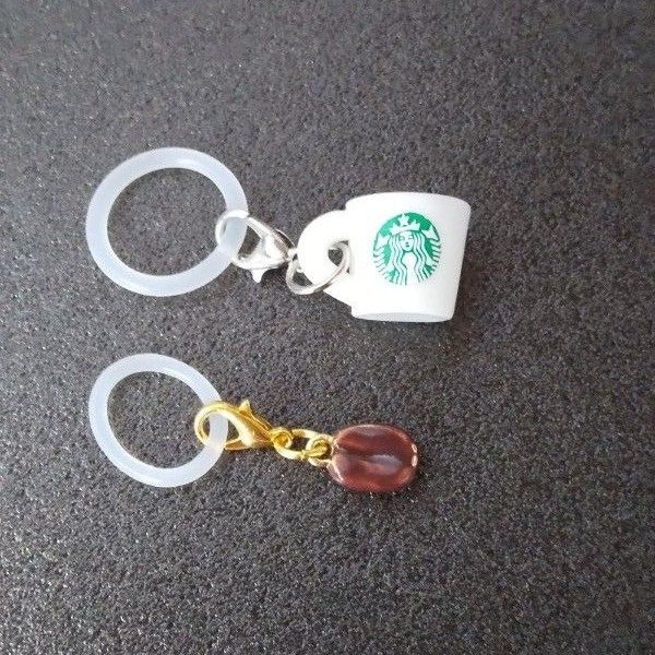 ハンドメイド コ―ヒ―カップとコ―ヒ―豆チャームのアンブレラマーカー/アンブレラチャーム、傘の目印