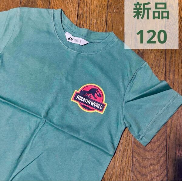 新品120 H&M ジュラシックワールド ロゴ半袖Tシャツ 背中プリントあり ティラノサウルス