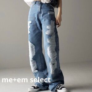 me+em select ミームセレクト ダメージクラッシュハイウエストストレートデニムパンツ 韓国 ウォッシュ加工 ジーンズ