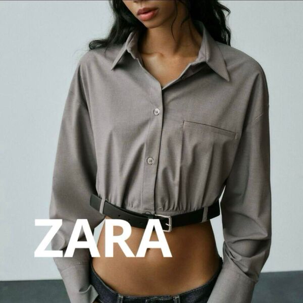 ZARA グレー クロップド長袖シャツ ブラウス ショート丈 ザラ Lサイズ ブラウス トップス 襟 ボタン 無地 長袖 シンプル