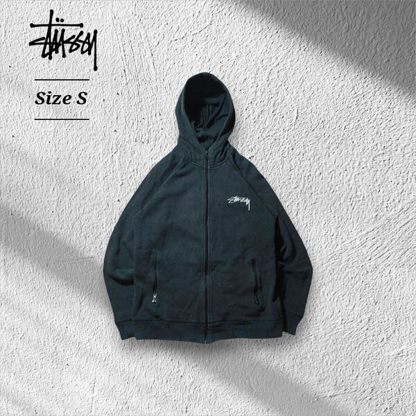 希少STUSSYステューシーフルジップスウェットパーカー鬼フェードブラック短丈S ジップアップパーカー