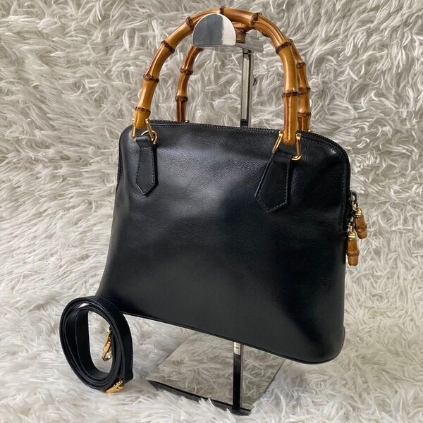 美品 GUCCI グッチ オールドグッチ 2way バンブー ショルダーバッグ ハンドバッグ バック レザー ブラック レディース