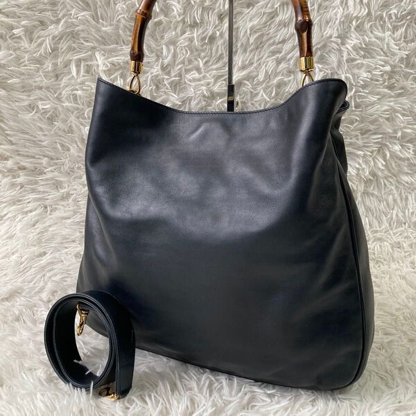 美品 GUCCI グッチ 2way バンブー 希少色 ショルダーバッグ ハンドバッグ トート バック レザー ネイビー レディース
