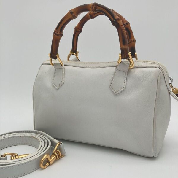 希少 希少色 GUCCI グッチ バンブー 2way レザー ミニショルダーバッグ ハンドバッグ バック ポーチ アイボリー