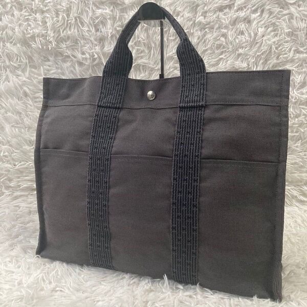 極美品 HERMES エルメス エールラインMM トートバッグ ハンドバッグ バック シルバー金具 A4収納可 キャンバス グレー
