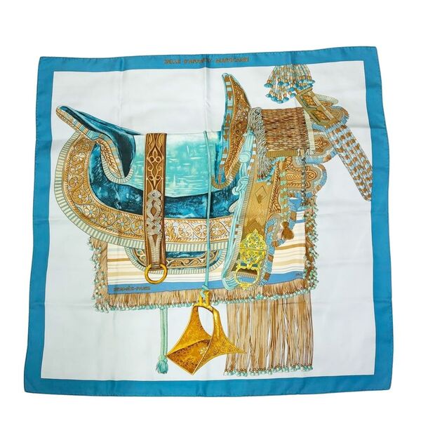 HERMES エルメス スカーフ カレ90 『モロッコの儀式用鞍』 シルク ライトブルー系